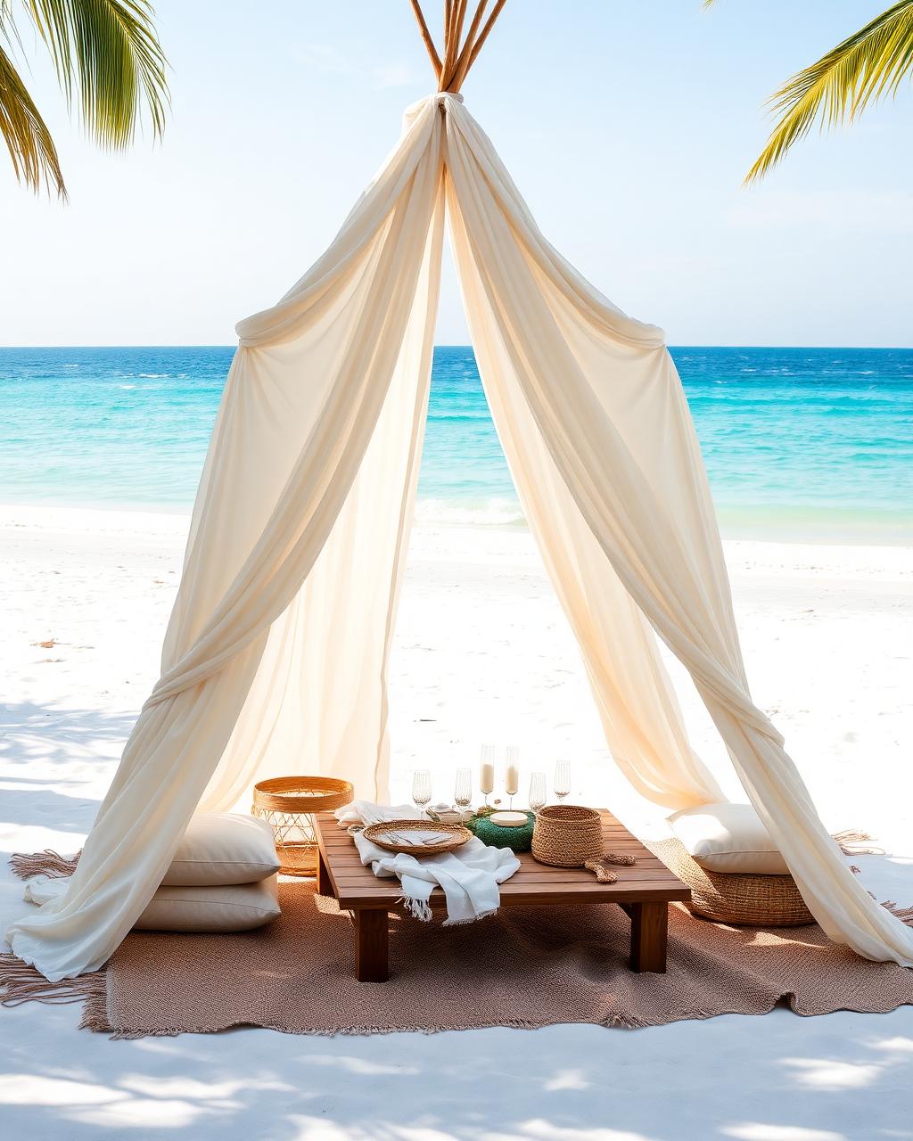 Draped teepee picnic on white sand by turquoise water