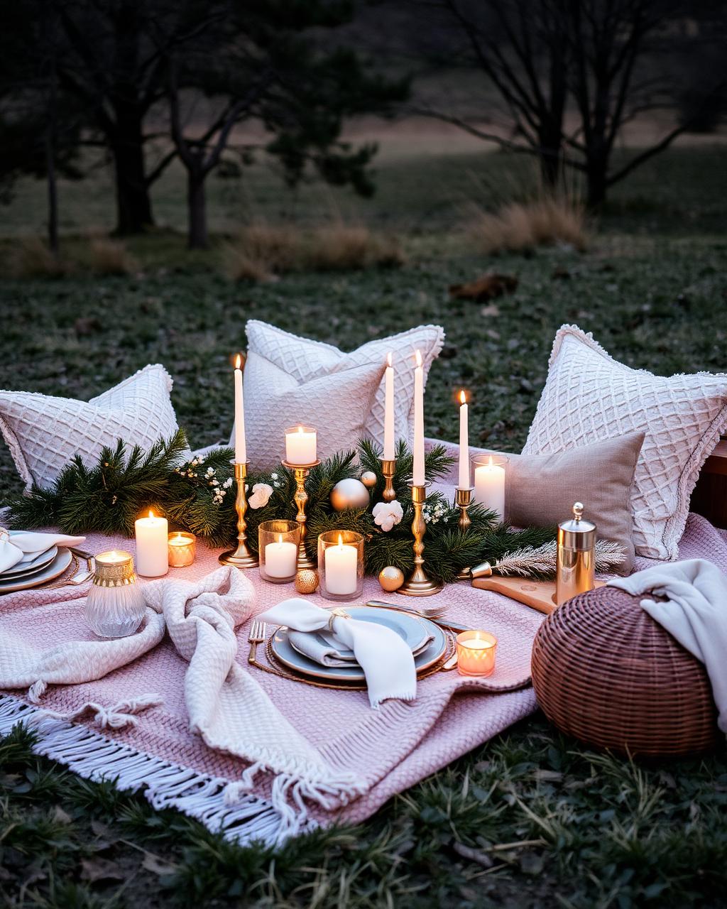 Holiday picnic with evergreen garland and candles