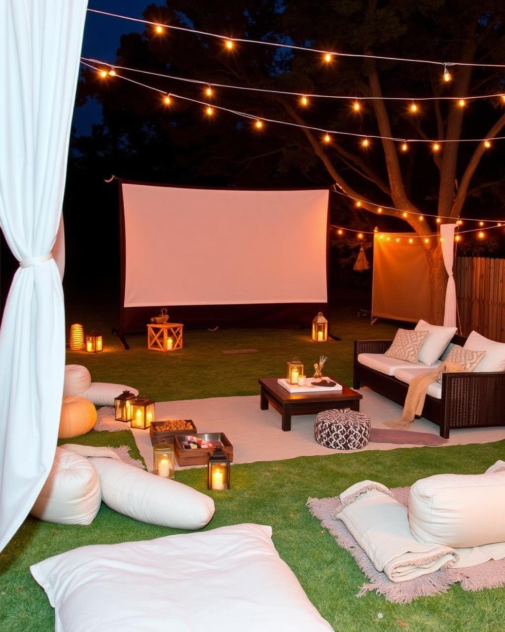 Open air movie night with cushions and lanterns